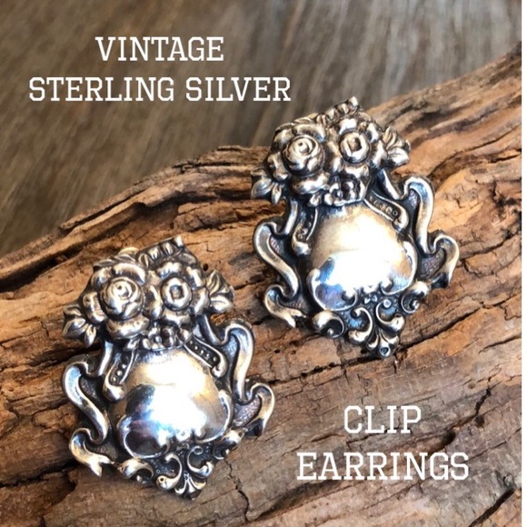 Sterling Silver Repousse Clip Earrings Baroque - Picture 2 of 15